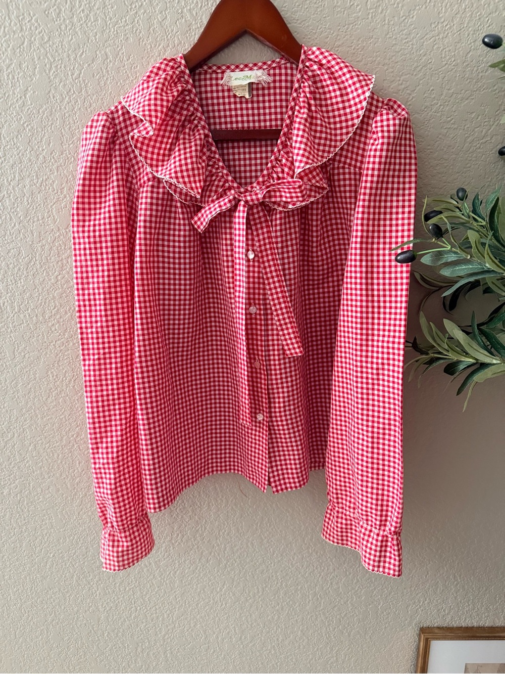 Lee Mar of California Red Gingham Ruffle Bow Blouse Size 8